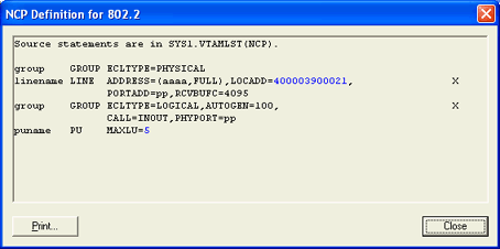 NCP Definition for 802.2 Dialog Box